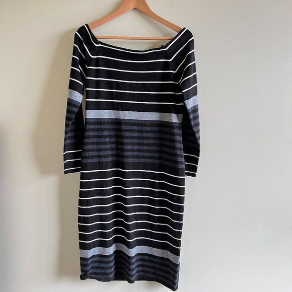 ELIZA J Off The Shoulder Stripe Sheath Dress In Black Ivory Charcoal Wom… - Picture 2 of 8